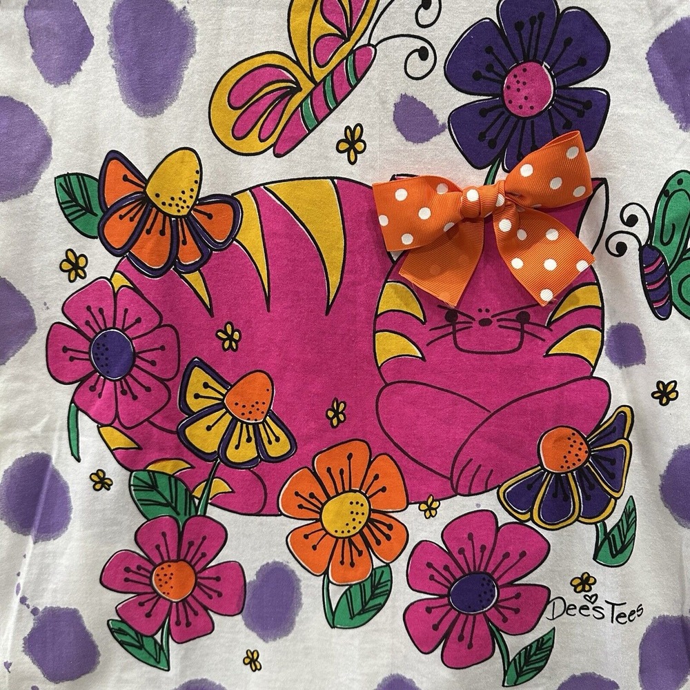 VTG  Hand Painted Fat Kitty M-L 90's Tee Polka Dots Colorful Cat Artsy